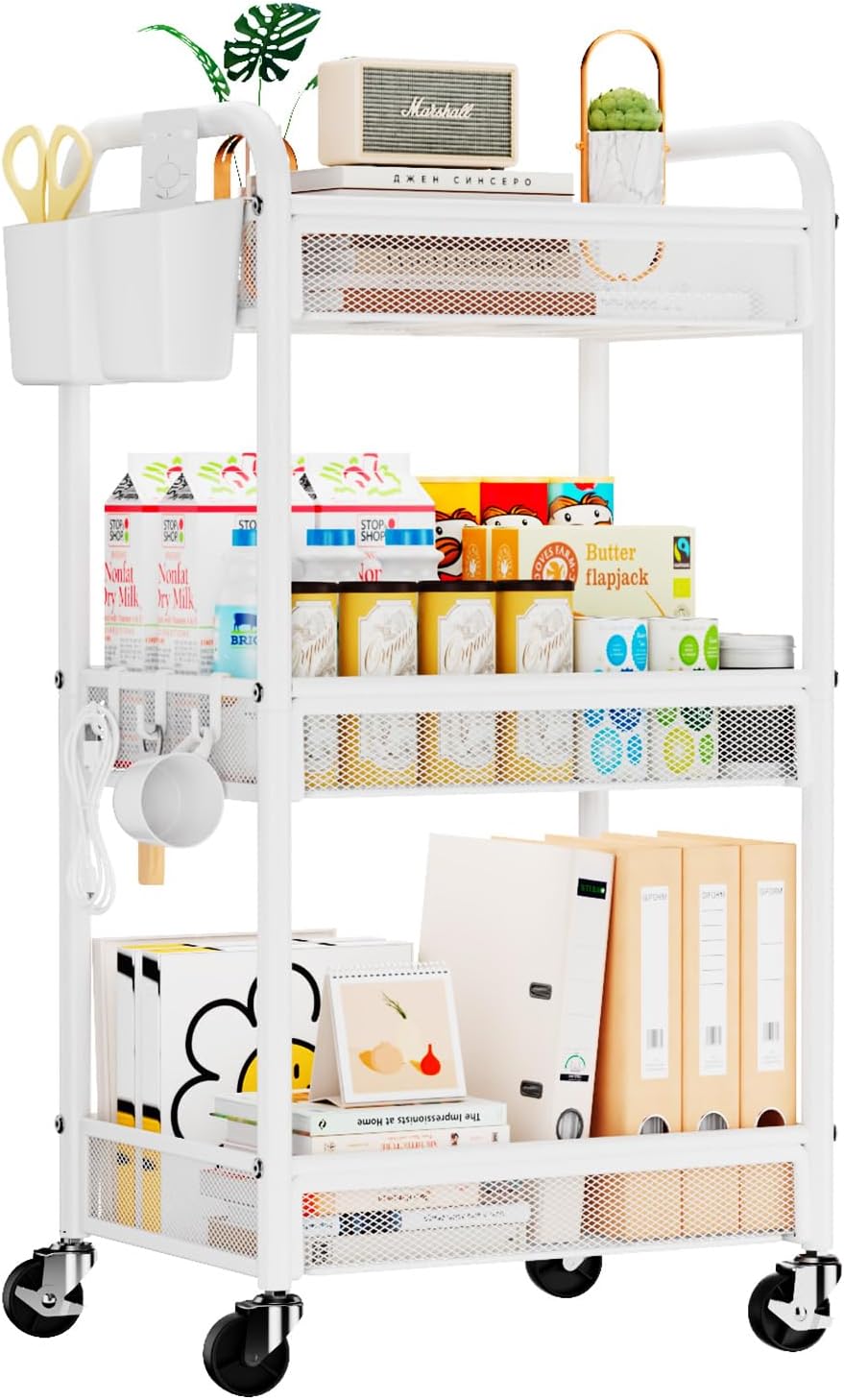 YASONIC 3 Tier Rolling Cart – Metal Utility Storage Carts with Wheels, Craft Carts Organizer with Hanging Cups, Hooks, Mesh Basket for Bedside Kitchen Office Art, Green