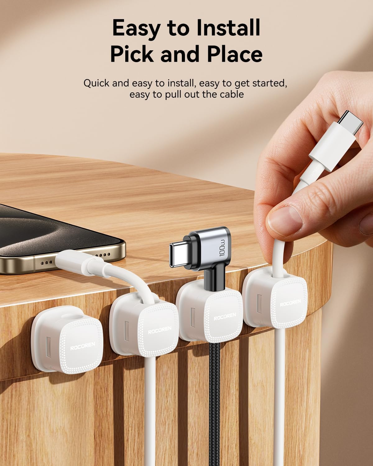 30-Pack Magnetic Cable Clips Cord Organizer,Cable Straps Smooth Adjustable,Rocoren Cable Management Accessories,Cable Holder Clips Wire Holder Keeper for Desktop,Nightstand,Home Office,Workspace,Phone