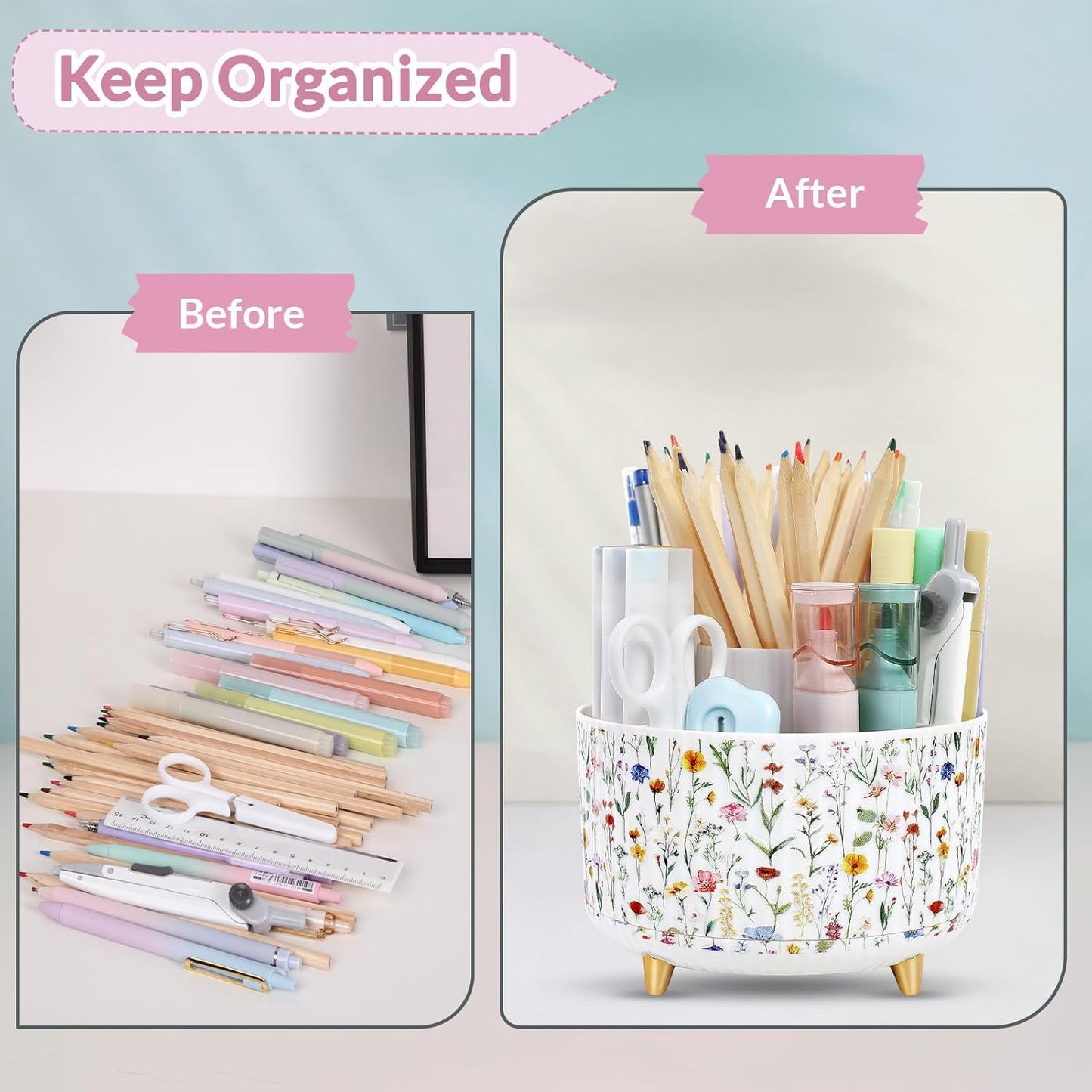 SKYDUE 360 Rotating Plastic Desk Pen Organizer with 5 Slots, Dual-Purpose Art Supply Pencil Cup for Office, School, Home