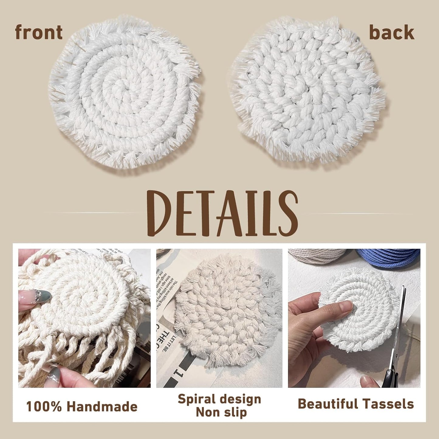7.4in Boho Coasters for Drinks, Handmade Woven Absorbent Coasters for Desk, Farmhouse Cute Coaster for Mugs Cups - Gifts for Women, Beige