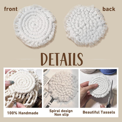 7.4in Boho Coasters for Drinks, Handmade Woven Absorbent Coasters for Desk, Farmhouse Cute Coaster for Mugs Cups - Gifts for Women, Beige