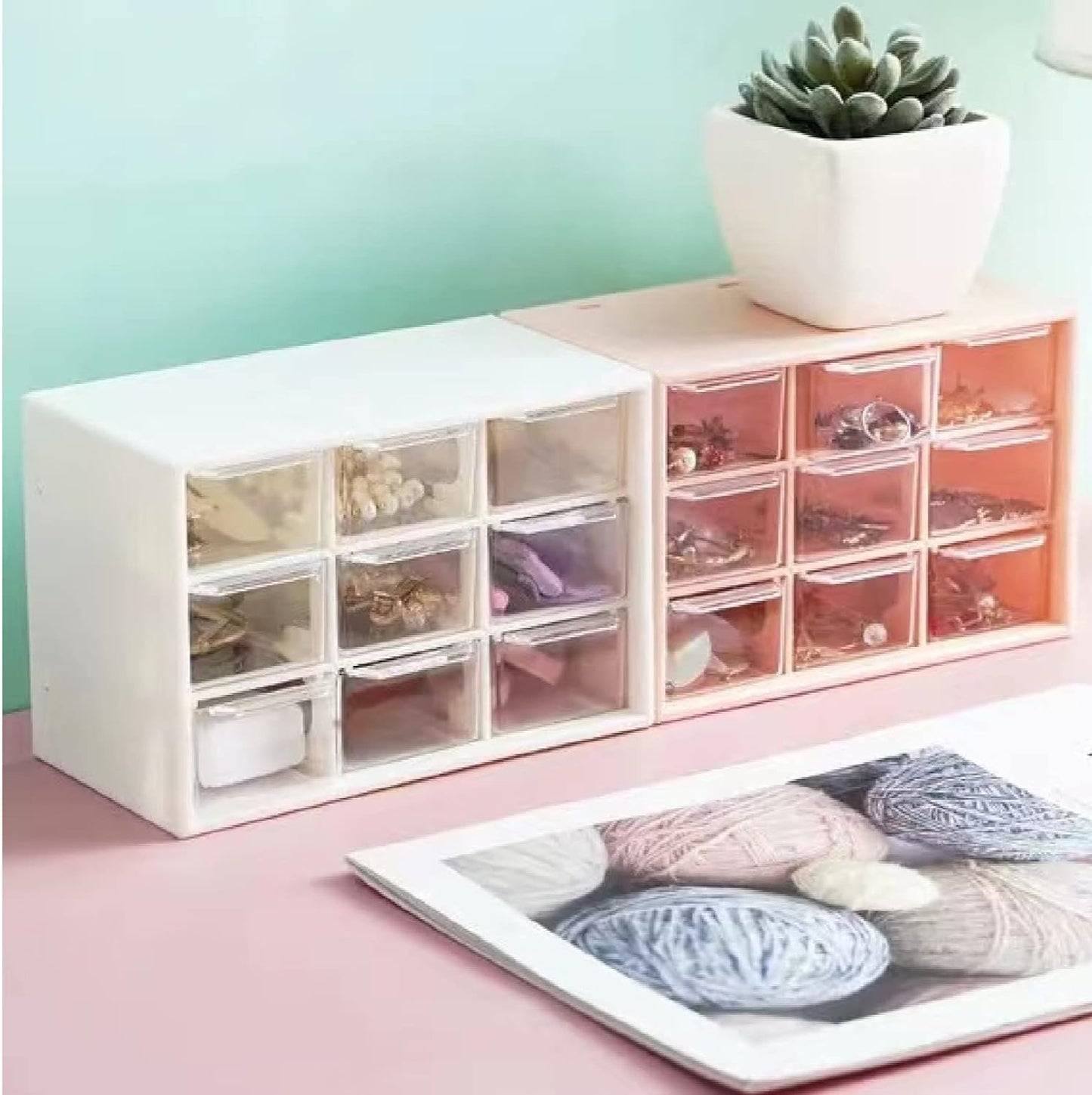 Feadily 2PCS Small Drawer Organizer for Desk, Desktop Drawer Organizer with 9 Clear Drawers, Plastic Desktop Storage Drawers 7.1 Inch x 3 .9 Inch x 4.7 Inch, White