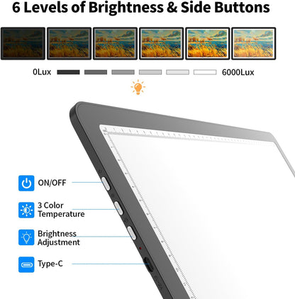 TSOCOS 11000Lux A4 Diamond Art Light Board with Carry Bag, High-Brightness Light Pad with Side Physical Buttons & 6 Levels of Brightness, 3 Colors Light Box for Tracing, Diamond Painting