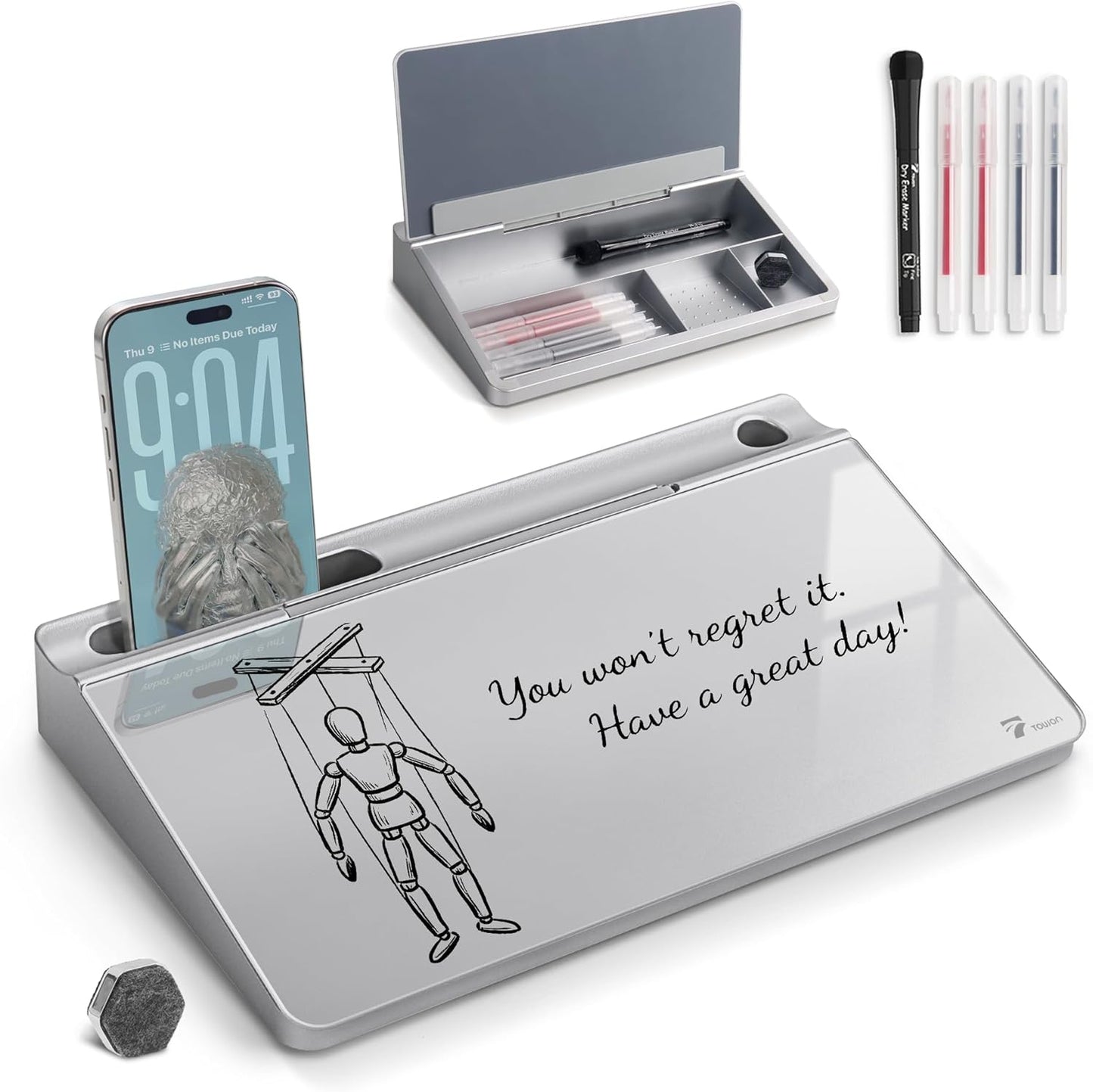 TOWON Small Compact Glass Desktop Whiteboard with Storage – 12 x 7 in Dry Erase Board for Desk, Home Office, School | Includes 5 Markers, Eraser & Holder | Space-Saving Organizer, Aesthetic Rose Gold