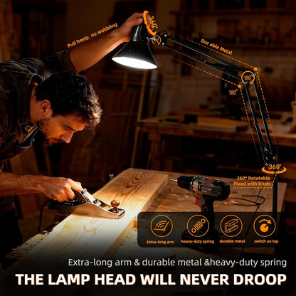 Desk Lamp With Clamp for Home Office, Eye-Caring Clip on Light with Adjustable Extra Tall Metal Swing Arm, High Intensity Clamp Lamp w/LED Bulb, Architect Task Table Lamps for Study, Workbench-B/5000k
