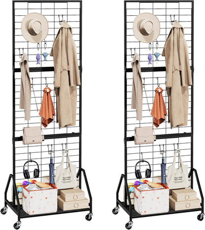 ELYKEN Foldable Grid Wall Panels 5.7' x 2' FT, Movable Wire Gridwall Display Rack with Wheels and Adjustable Foots, Retail Display Stand for Vendor with Storage (Rustic Brown)
