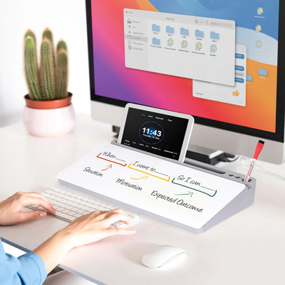 DOLLAR BOSS Glass Desk Whiteboard Calendar Small Dry Erase Board Desktop White Board with Storage Drawer Computer Keyboard Stand Desk Organizer, Colorful Weekly Calendar, Black