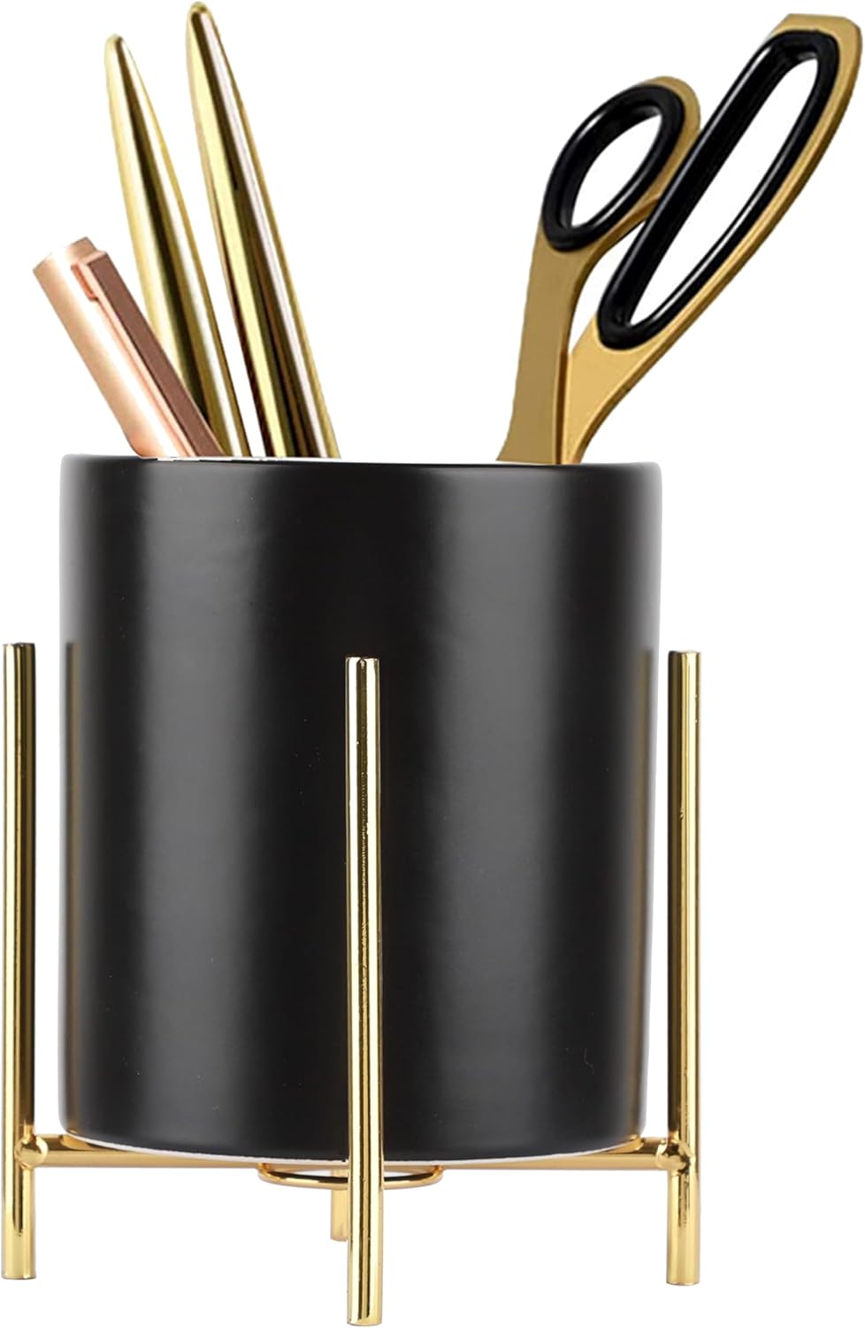 Gold Pencil Cup Sturdy Metal Frame With White Ceramic Pen Holder For Desks and kitchen Appliance Holders