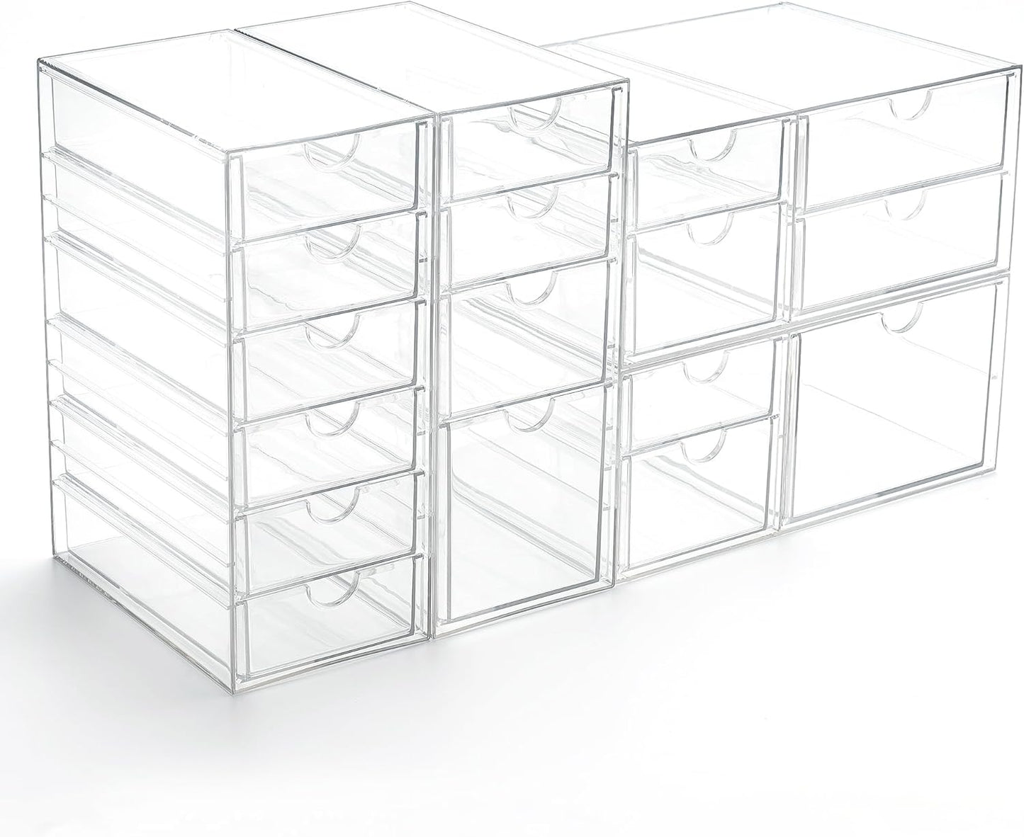 Prsildan Acrylic Drawer Makeup Organizer with 6 Drawers (Not for Baby Bottle), Set of 2 Office Desk Organizers Accessories, Clear Stackable Storage Drawers for Vanity, Craft (Largest Drawer 4" Tall)