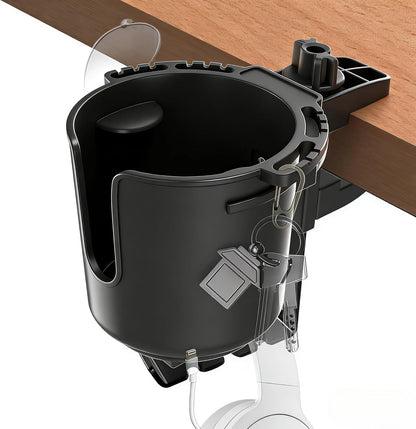 Desk Cup Holder with Headphone Hanger, Clip on Cup Holders for Desks with Spill-Proof Cup Design, Easy to Install, Enough to Hold 8-28OZ Coffee Cups, Water Bottles. (Black, Medium)