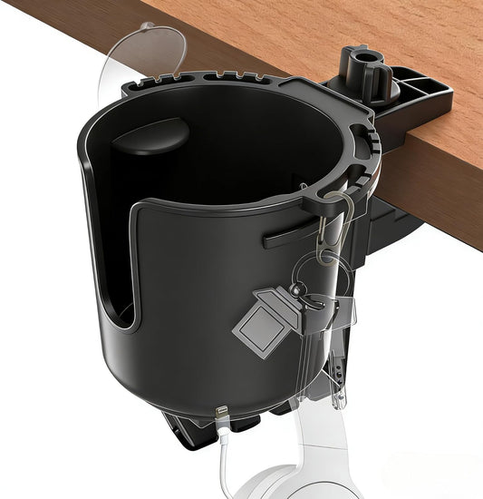 Desk Cup Holder with Headphone Hanger, Clip on Cup Holders for Desks with Spill-Proof Cup Design, Easy to Install, Enough to Hold 8-28OZ Coffee Cups, Water Bottles. (Black, Medium)