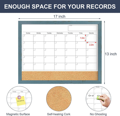 Calendar Whiteboard for Wall, TANKEE 17x13 Inches Whiteboard Calendar Cork Board Combo, Small Magnetic White Board with Wood Framed, Hanging Dry Erase Board for Kitchen Home Office School Planner
