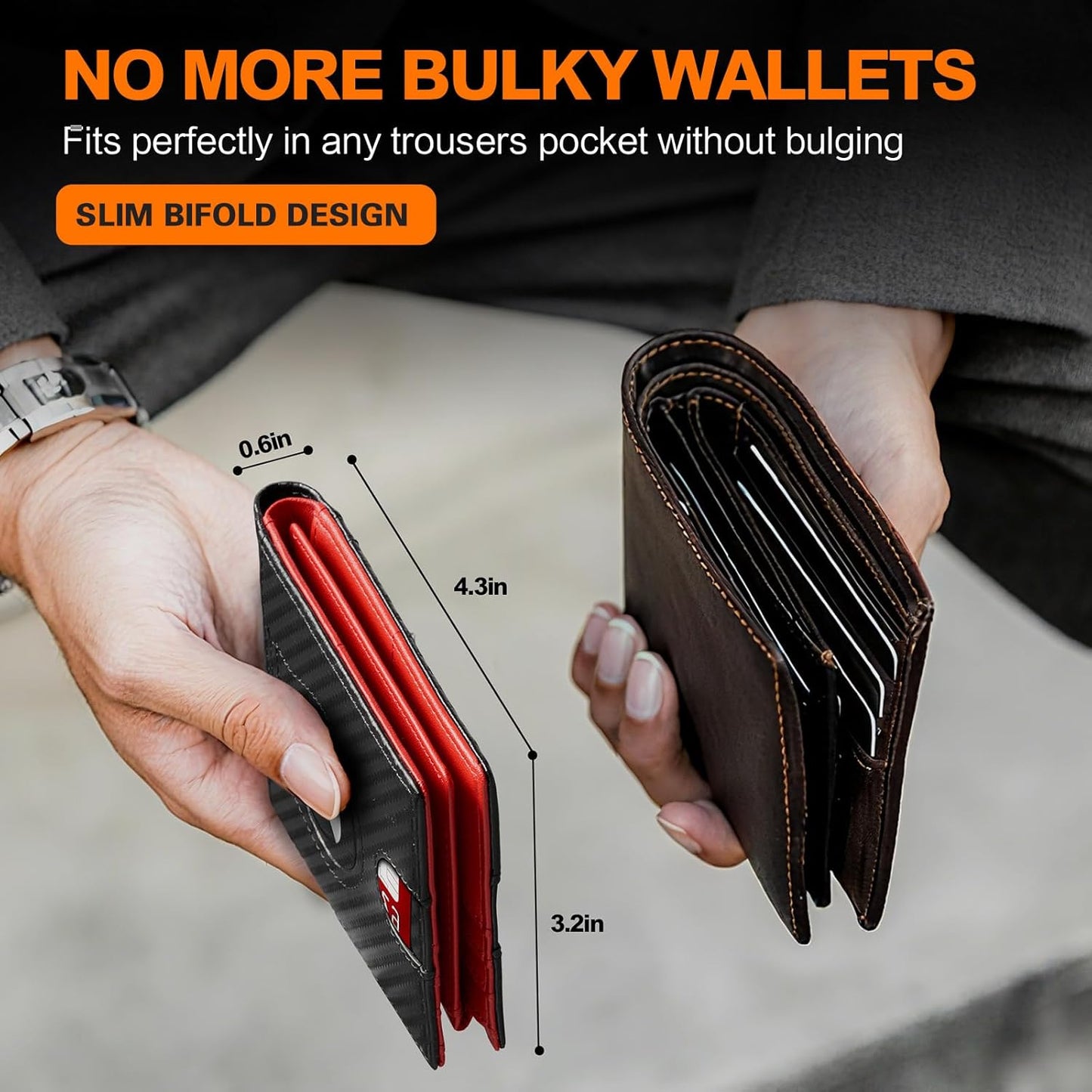 Wallet for Men Slim RFID Blocking Bifold Carbon Fiber,Minimalist Small Compact Front Pocket Credit Card Holder,Thin Mens Leather Wallets Smart Security With 2 ID Windows 1 Cash,Birthday Gifts for Men