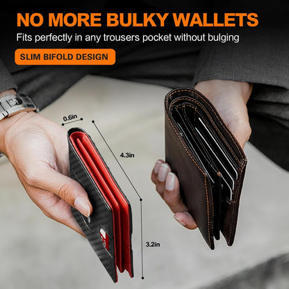 Wallet for Men Slim RFID Blocking Bifold Carbon Fiber,Minimalist Small Compact Front Pocket Credit Card Holder,Thin Mens Leather Wallets Smart Security With 2 ID Windows 1 Cash,Birthday Gifts for Men