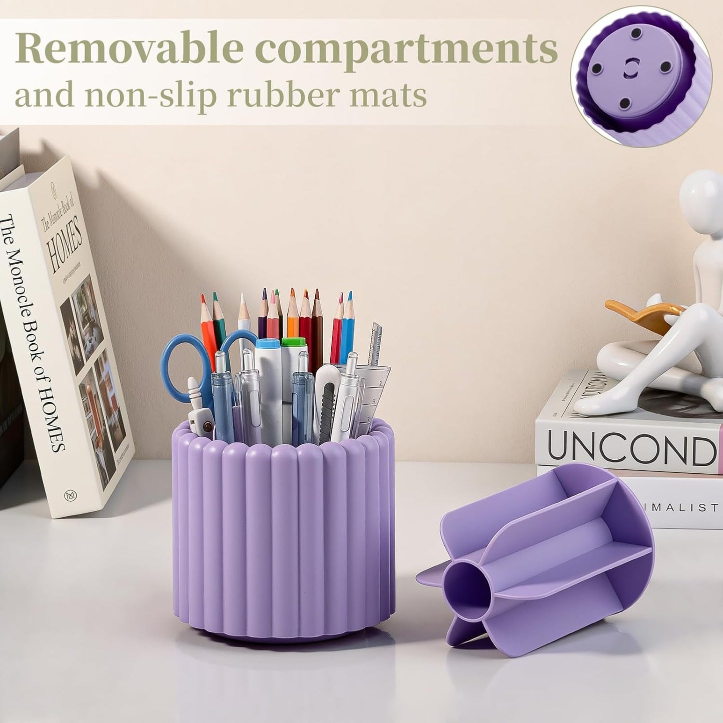 Anyoifax 360° Rotating Pen Holder 7 Slots Desk Organizer Removable Pencil Cup Plastic Art Supplies and Accessories Desktop Storage Box Caddy for Office, School, Home (White)