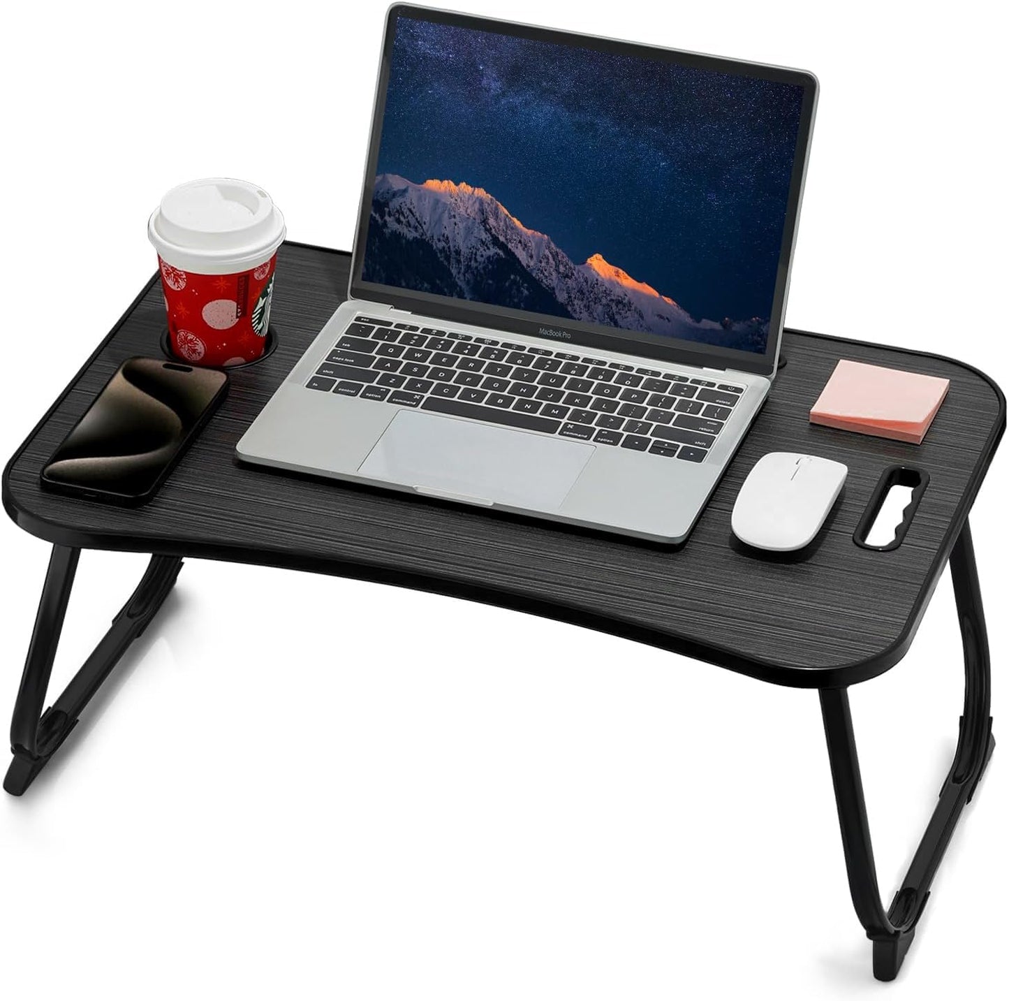 ZEAPTAC Laptop Bed Desk, Foldable Lap Desk, Portable Lap Table, Laptop Stand with Cup Holder, Tablet Slot & Lifting Handle for Work, Write, Draw & Eat on Bed, Sofa or Couch - Pink