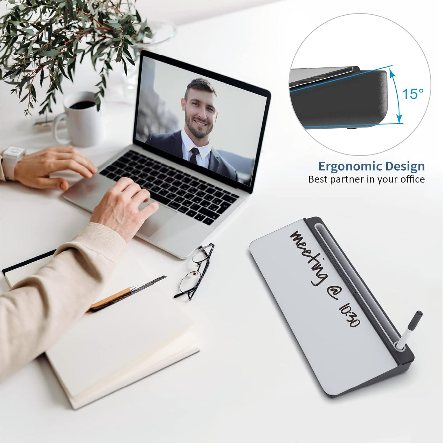 Audio-Visual Direct - Glass Desktop Computer Keyboard Whiteboard Notepad Set, Black (Includes Neon Marker, Eraser & Sticky Notes)