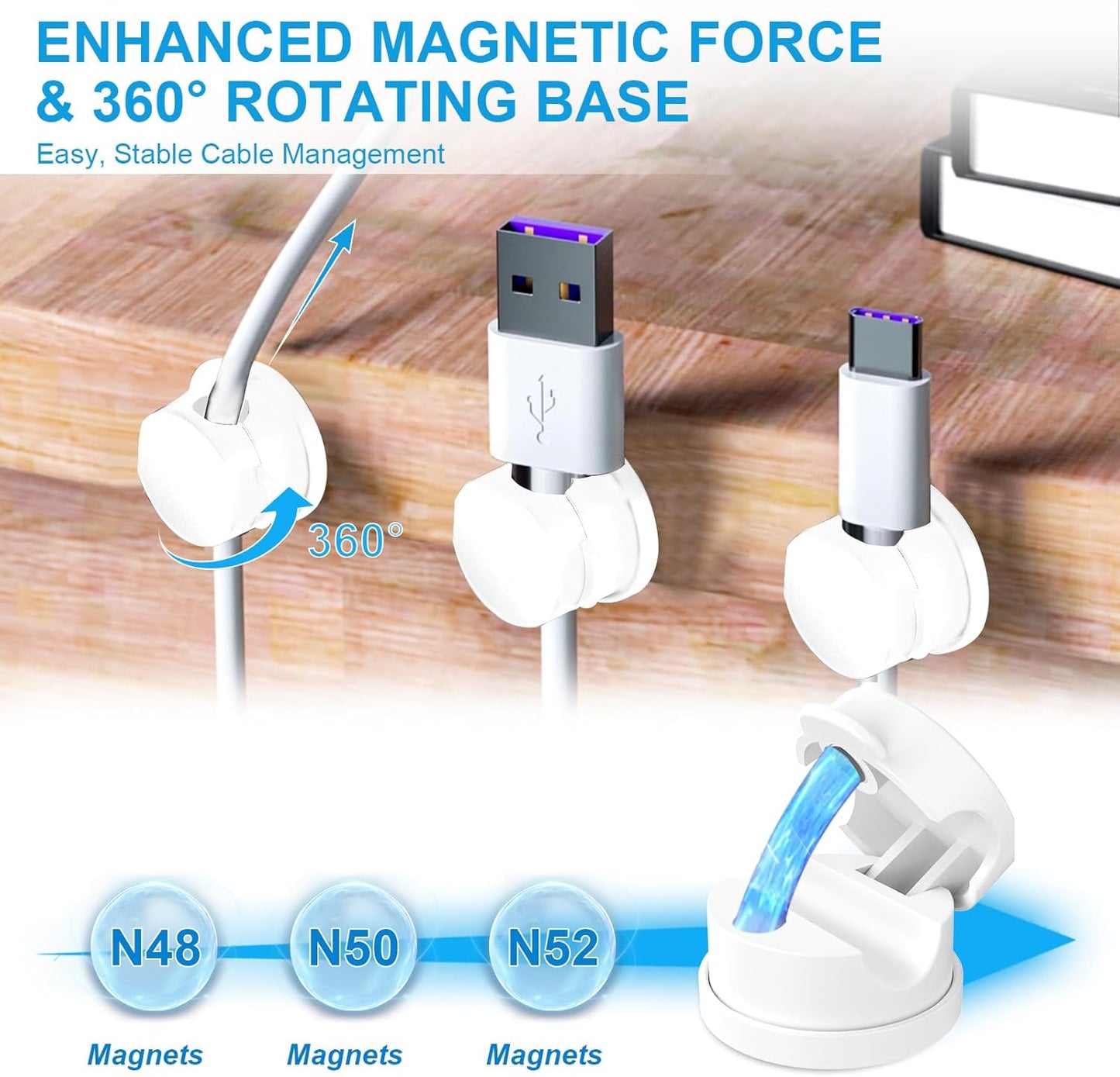 6pcs Magnetic Cable Clips, 360° Swiveling Adhesive Cable Organizer - Compact Cable Holder for Desk, Nightstand, Car, Kitchen & Home Office - Charger Cord Holder Solution by MarLigavid (Black)