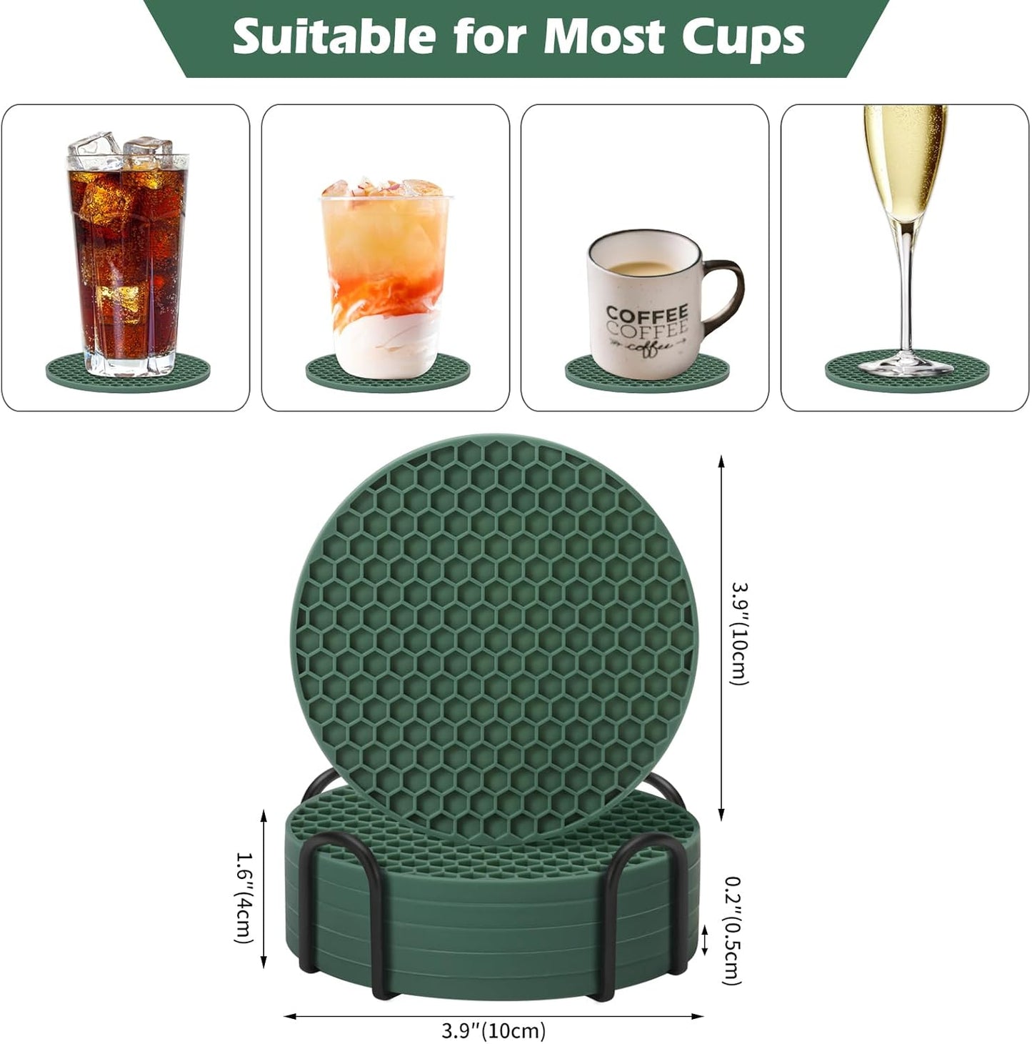 TWTLi Silicone Coasters Set of 8 with Holder,Coasters for Drinks,Beer,Coffee Coasters,Suitable for Kinds Cups,Hot or Cold,Anti-SLI,Non-Stick,Anti-Overflow Tabletop Protection and Decor (8 Pcs, Black)