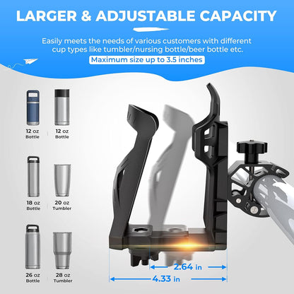 KEMIMOTO Motorcycle Cup Holder, ATV Drink Holder with 360 Rotation Crocodile-Bite Clamp, Dirt Bike Bottle Holder Compatible with Hydro Flasks, Yeti, Stanley, Other Bottles Maximum Diameter in 3.5" (1)