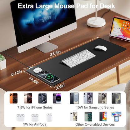 Wireless Charging Mouse Pad with Foldable Phone Holder, 31.5"x15.8" Large Desk Mat for Laptop/Keyboard, Waterproof Ultra-Smooth Surface, Non-Slip Base, Black