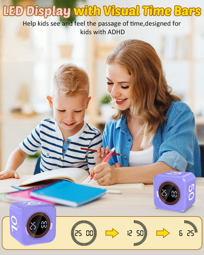 Digital Pomodoro Timer Cube 5/10/25/50min, Visual Productivity Flip Timer for Kids Classroom Desk, Custom Countdown, Silent and Sound Mode for ADHD Study Work Game Kitchen (Pink)