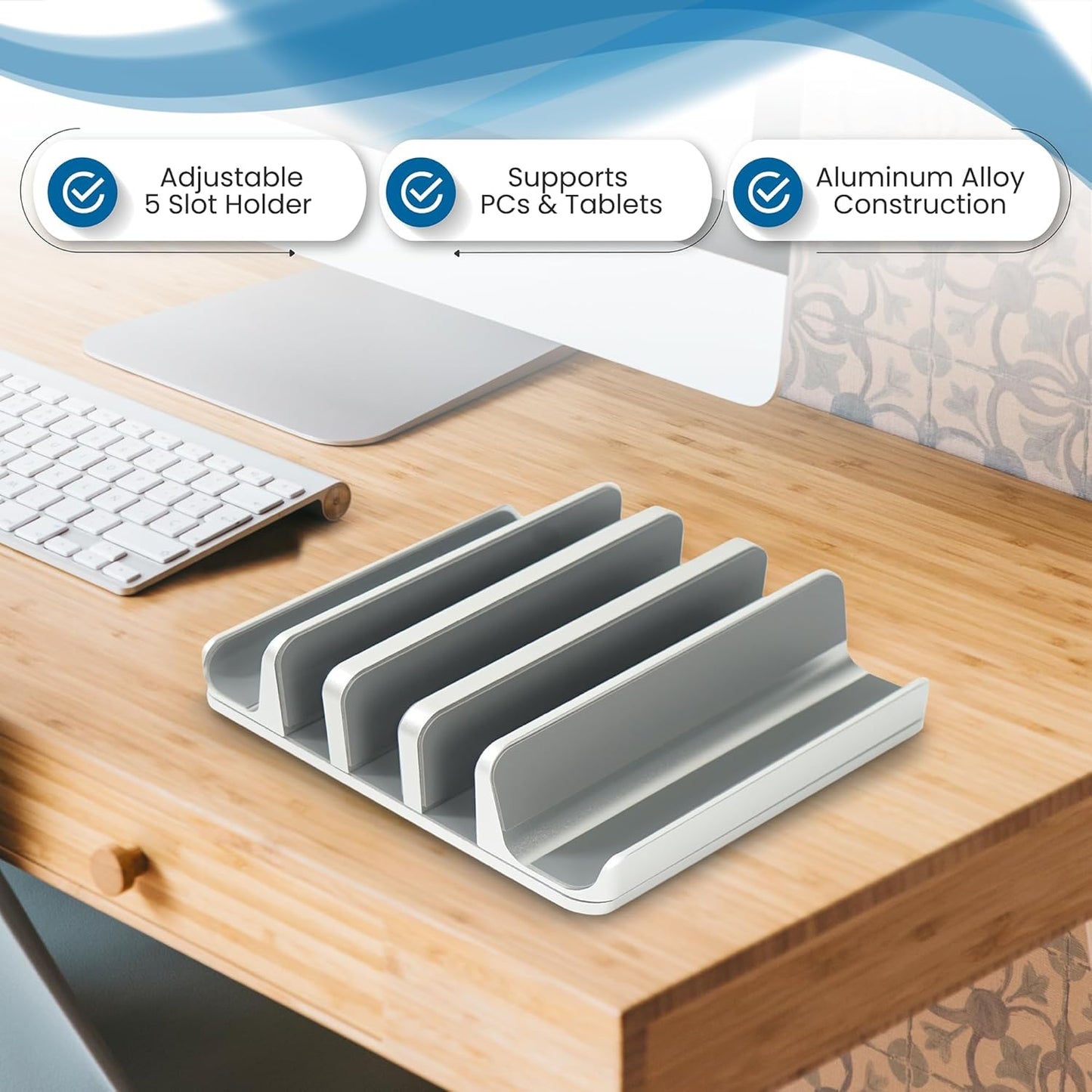 Elestoria 5- Slot Vertical Laptop Stand - Aluminum Laptop Stand Vertical for Desk - Fits MacBook Pro/Air, Surface, Mobiles & Gaming Laptops up to 17.3" - Heavy Duty Laptop Holder for Desk - (Silver)