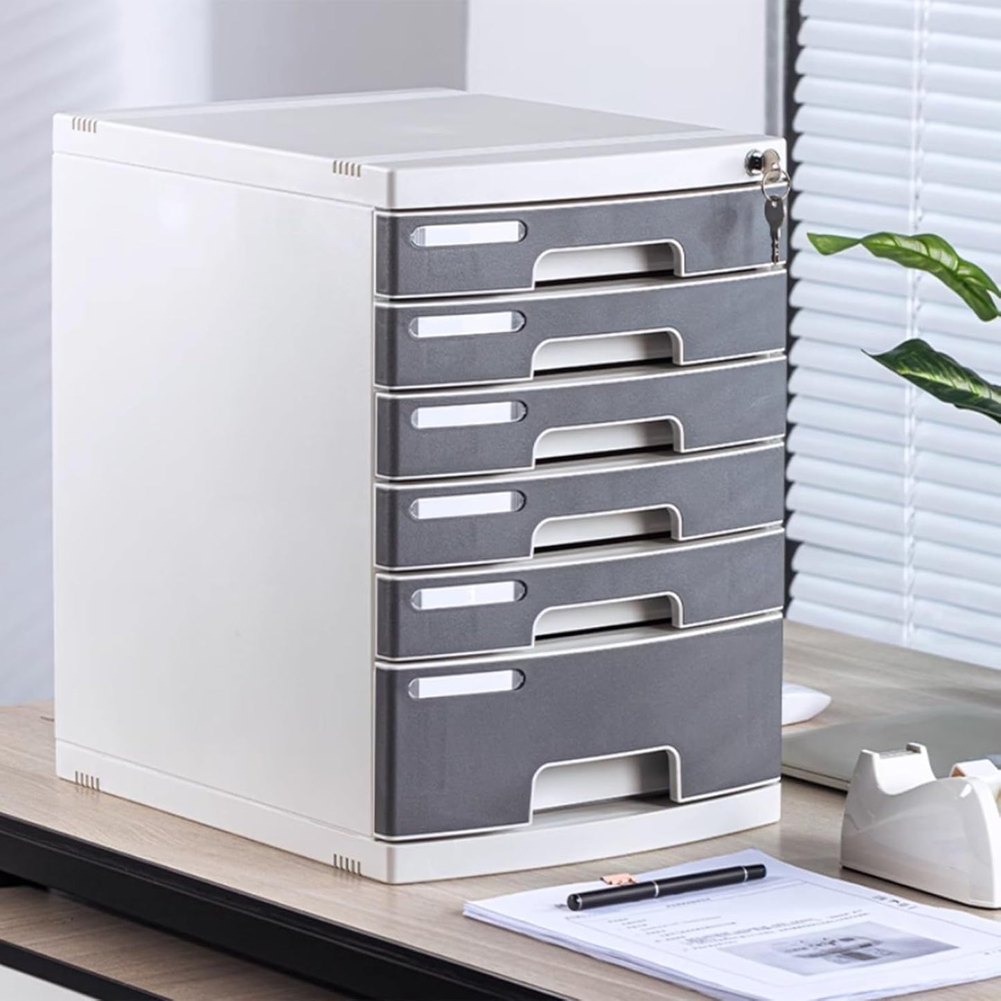 Lockable File Box - A4 Plastic Storage Drawer Cabinet, Office Document Holder, Desk Organizer for Files and Supplies, 4-7 Tier (5 Layers)