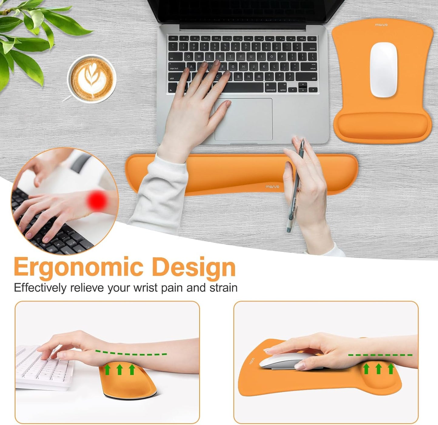 MOSISO Wrist Rest Support for Mouse Pad & Keyboard Set, Ergonomic Mousepad Non-Slip Base Home/Office Pain Relief & Easy Typing Cushion with Neoprene Cloth & Raised Memory Foam, Black