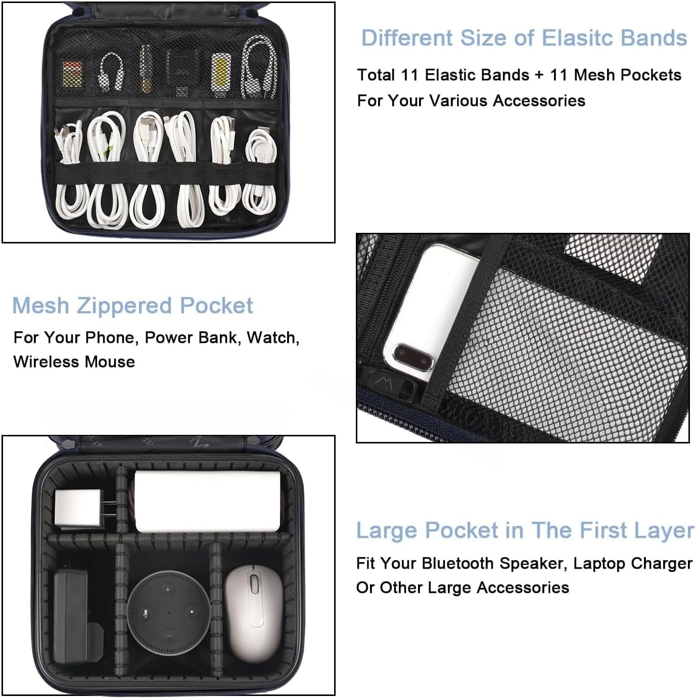 MATEIN Cable Organizer Bag, Waterproof Travel Electronic Storage, Shockproof Portable Double Layer Tech Bags Carrying Case for Cord, Earbuds, Charger, SD Card, DJ Gifts, Black