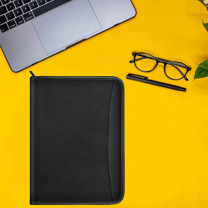 Zippered Portfolio Organizer/ A4 Refillable Lined Writing Notepad Folder Case/Fabric-Covered Padfolio Binder with Interior Storage Pocket for Men Women.Classic Black