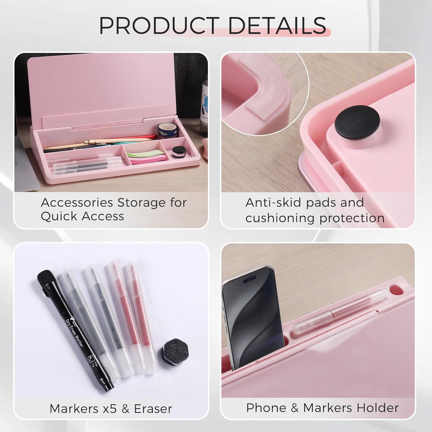 TOWON Small Compact Glass Desktop Whiteboard with Storage – 12 x 7 in Dry Erase Board for Desk, Home Office, School | Includes 5 Markers, Eraser & Holder | Space-Saving Organizer, Aesthetic Rose Gold