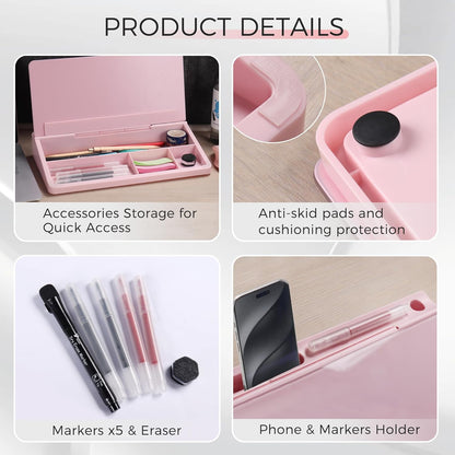 TOWON Small Compact Glass Desktop Whiteboard with Storage – 12 x 7 in Dry Erase Board for Desk, Home Office, School | Includes 5 Markers, Eraser & Holder | Space-Saving Organizer, Aesthetic Rose Gold