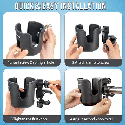 QualyQualy Boat Rail Cup Holder 2 Pack, No-Drill Clamp-On Marine Cup Holders 360° Adjustable for Pontoon Boat, Bimini Top, Grab Bar, PWC, Jet Ski, Fits Round & Square Rails 15-40mm, Boat Gifts for Men