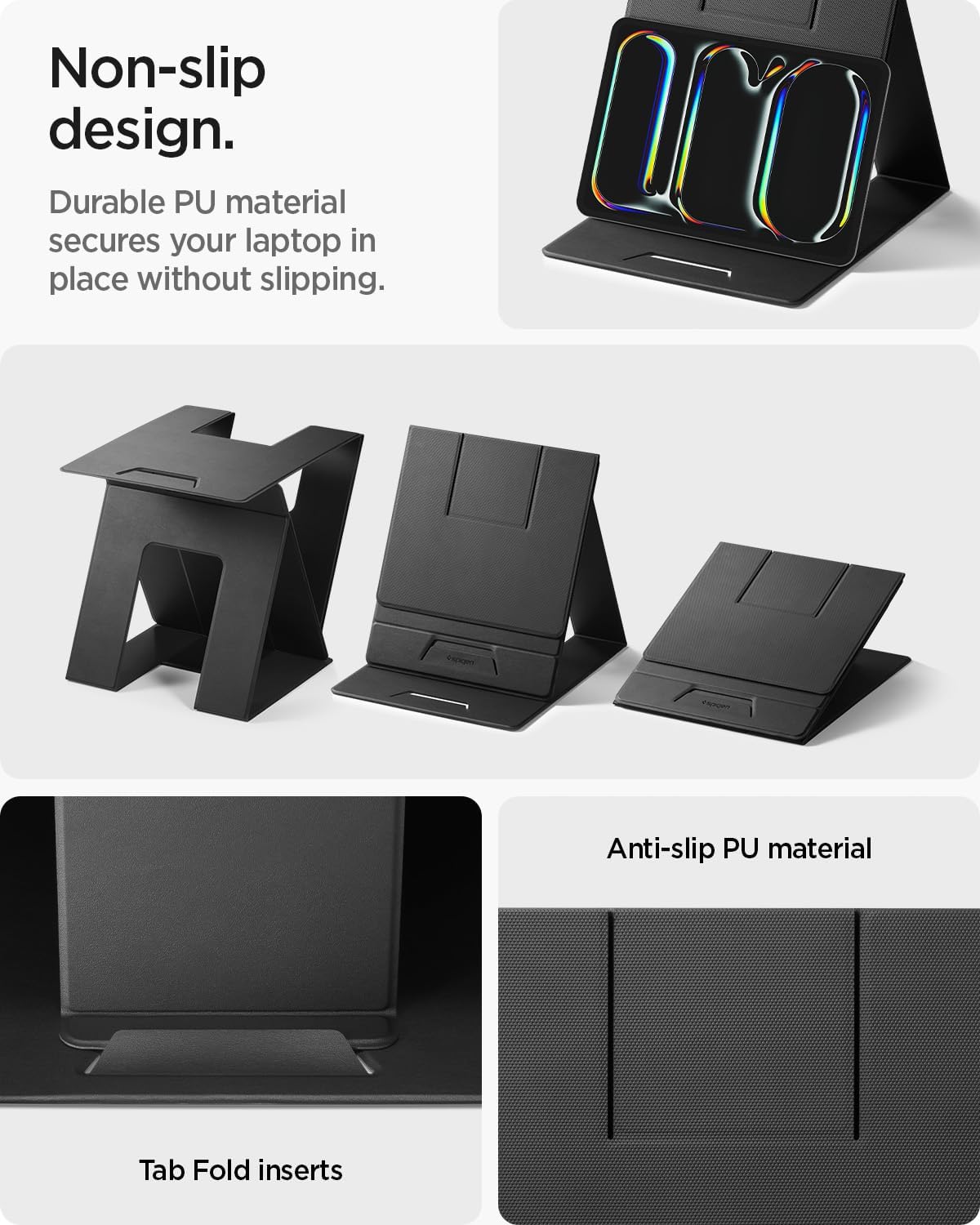 Spigen Slim Fold Portable Laptop Stand Keyboard Riser Foldable Ergonomic Angle Lift Anti-Slip Compatible with MacBook Neo, MacBook Air, MacBook Pro 11"-16" and iPad/Air/Pro and More - Black (LD201-S4)