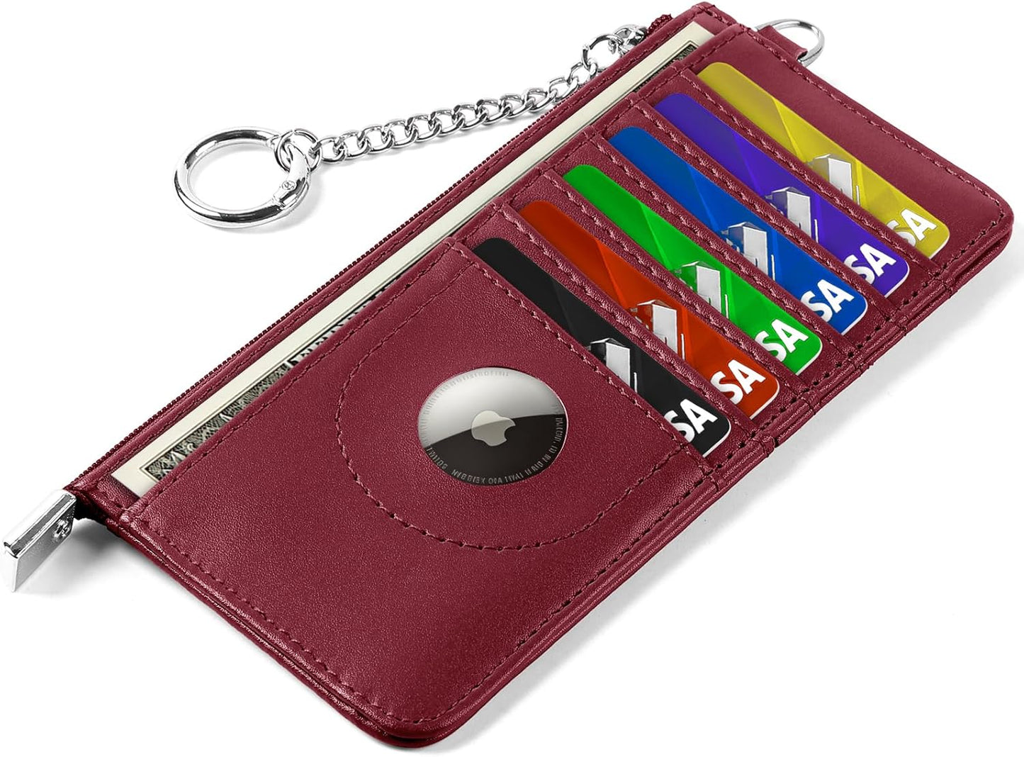 RFID Blocking Slim Credit Card Holder Wallet with Zipper Money Pocket & Keychain, Slim Airtag Wallet for Men Women
