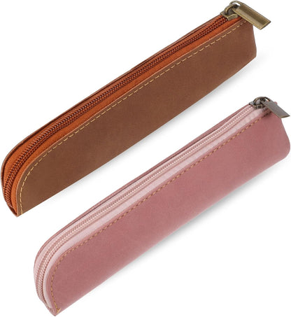 Psyqtsuary Leather Pencil Case, 2 Pcs Slim Small Pencil Pouch Portable Flat Pen Pouch with Zipper Simple Makeup Bag Lipstick Case for Women Men Home, Office, Travel Outdoor (Black, Claret)