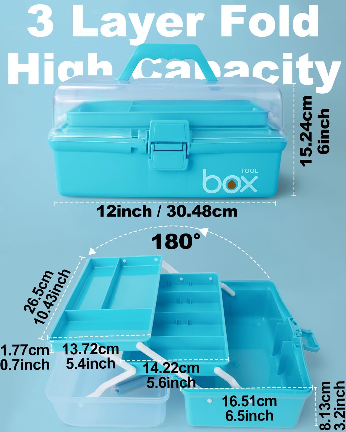 TERGOO 12in 3-Layer Plastic Craft Organizers and Storage, Portable Folding Tackle Box with Handle & Adjustable Dividers, Multipurpose Case for Sewing, Art Supplies, Medicine, Tools (Purple Blue)