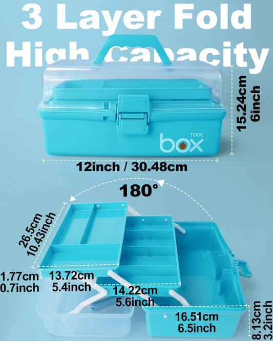 TERGOO 12in 3-Layer Plastic Craft Organizers and Storage, Portable Folding Tackle Box with Handle & Adjustable Dividers, Multipurpose Case for Sewing, Art Supplies, Medicine, Tools (Purple Blue)