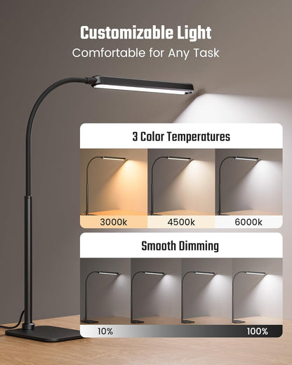 SUPERDANNY Eye-Caring LED Desk Lamp 360° Flexible Gooseneck Work Lamp with Desk Side Clamp Touch Control 3 Light Colors Smooth Dimming Task Lighting Reading Light for Home Office College Dorm, Black