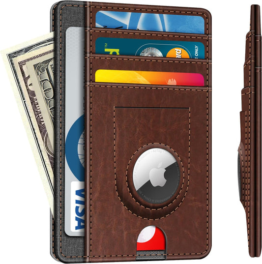 Fintie Slim Minimalist Front Pocket Wallet with Built-in Case Holder for AirTag, 7 Slots Leather Wallet with AirTag Holder, RFID Blocking Cash Credit Card