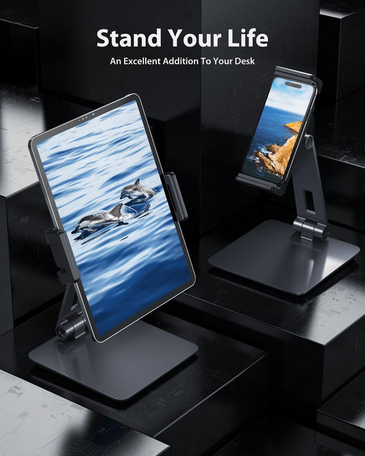 Maxonar Tablet Stand for Desk, 360° Adjustable Aluminum Alloy Swivel iPad Charging Tablet, iPad Pro Air Mini Tablet Holder for Bed Store POS Showcase Kitchen Office Drawing Desktop (6-13''), Silver