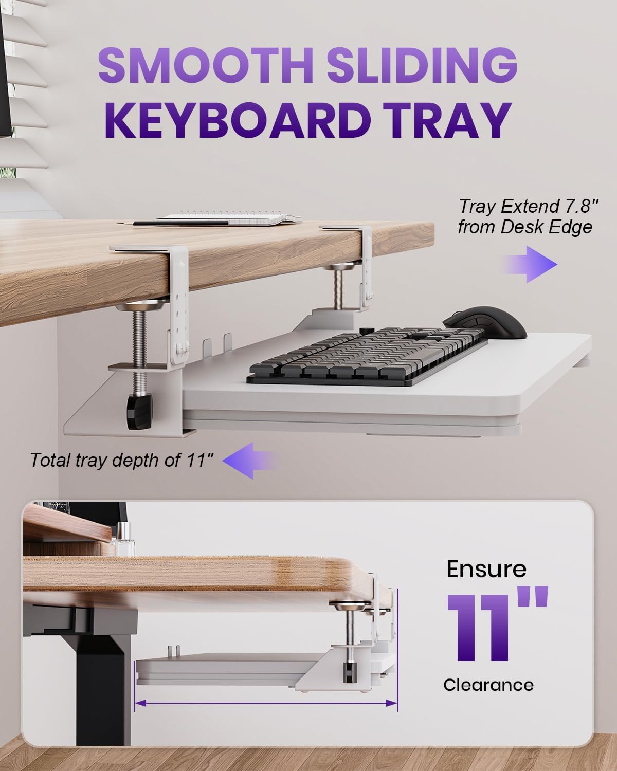 Ergonomic Mouse & Keyboard Tray Under Desk, Pull Out with Adjustable C-clamp, 20 (25.9 Including Clamps) x 11.8 Inch Slide Out Computer Keyboard Drawer Mouse Tray for Typing, Rustic Brown