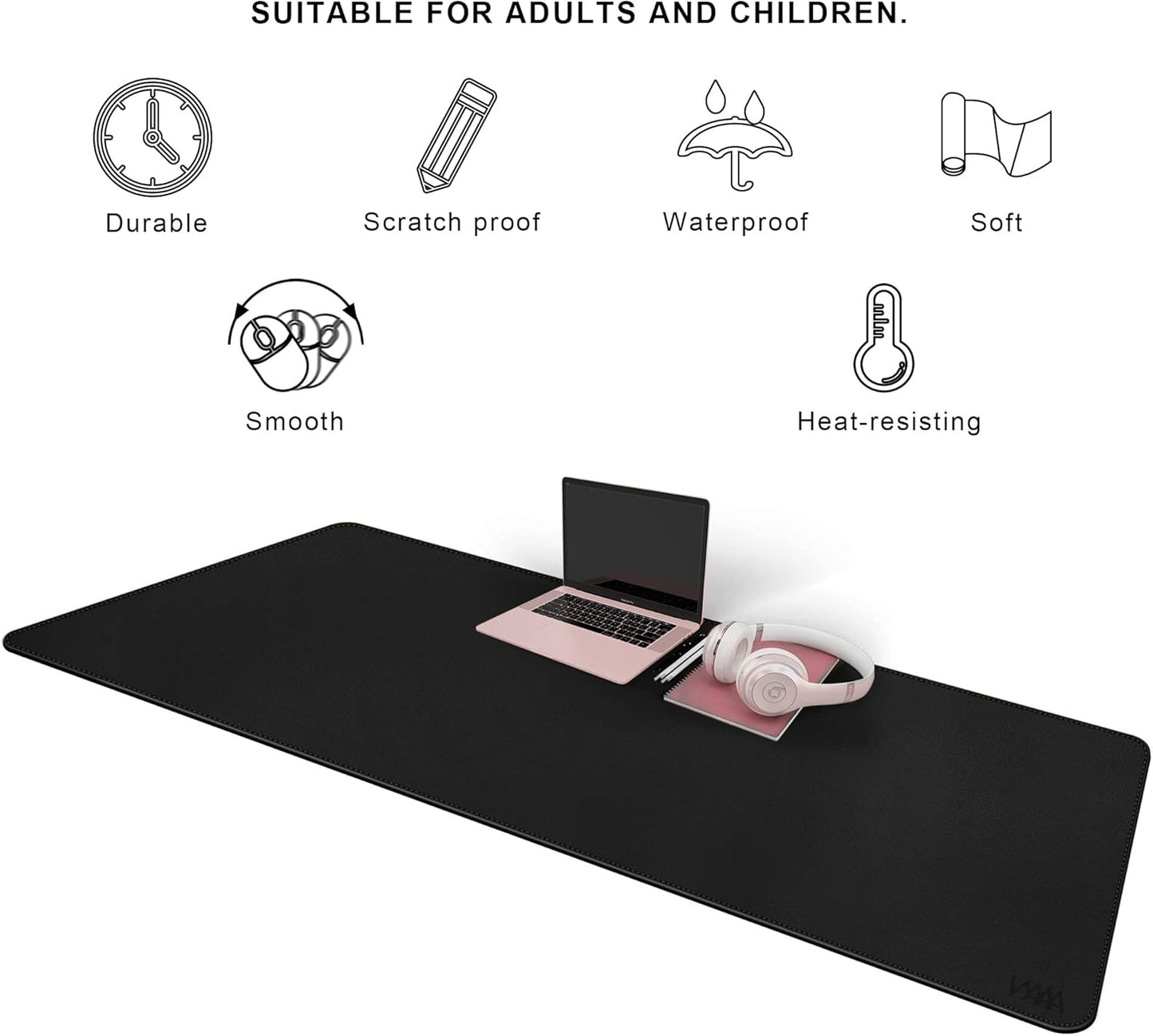 Vyaaa PU Leather & Cork Desk Mat, 39.4"x15.7" Dual Sided Computer Desk mat, Waterproof Large Mouse Pad, Non-Slip Office Desk pad, Office Desk Protector for Work/Gaming/Home (Black)