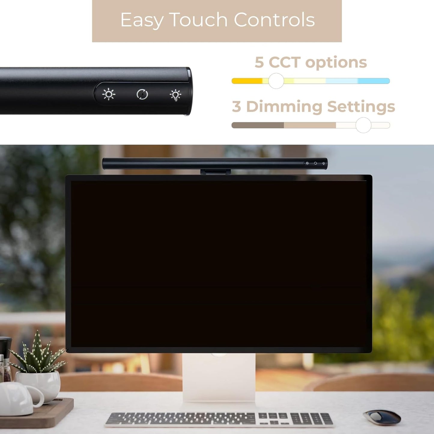 Quantum LED Computer Monitor Lamp Screen Light Bar in Black with 6ft USB-A Plug-in Cord, Dimmable and 5-CCT Selectable Touch Controls