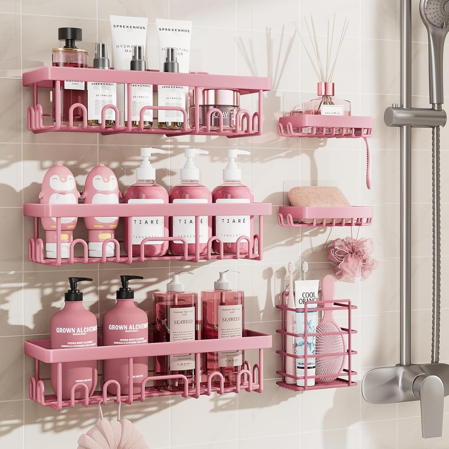Veken Shower Caddy 6-Pack, Advanced Rustproof Design, No Drilling Adhesive Shelves, Rack with Soap Holder, Large Capacity Bathroom Organizers and Storage, Wall-Mounted Kitchen & Home Decor