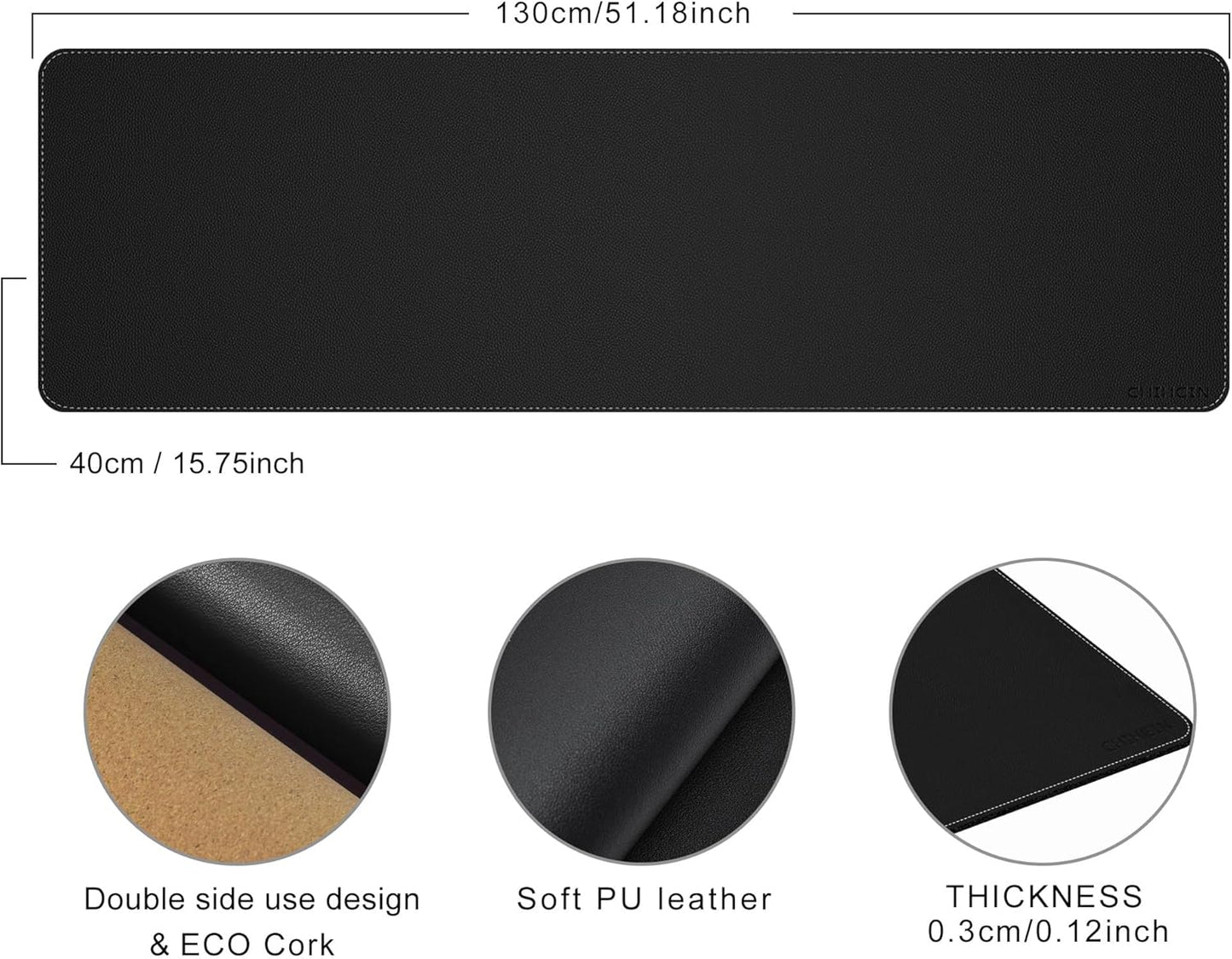 Chihein 2XL 35" x 16" Cork & PU Leather Desk Mat, Dual Sided Desk Pad Protector, Waterproof Writing Blotter for Gaming, Office, Home (Black)