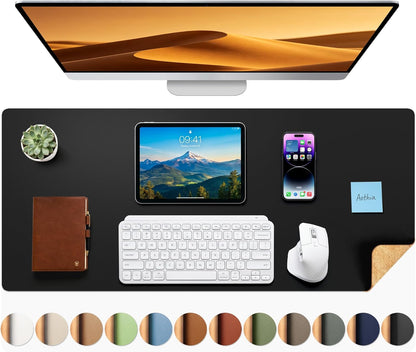 Aothia Dual-Sided Desk Pad - 25.6x13.7 inches Leather Desk Mat, Natural Cork Desk Pad Protector, Large Mouse Pad for Desk, Waterproof Desk Blotter Pad, Desk Writing Pad for Office Work/Home, Black