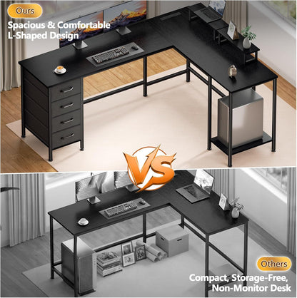 Korfile 59 inch L Shaped Computer Desk with Power Outlets, Home Office Desk with 4 Adjustable Storage Drawers & 2 Monitor Stands, Two Person Gaming Table for Bedroom, Black