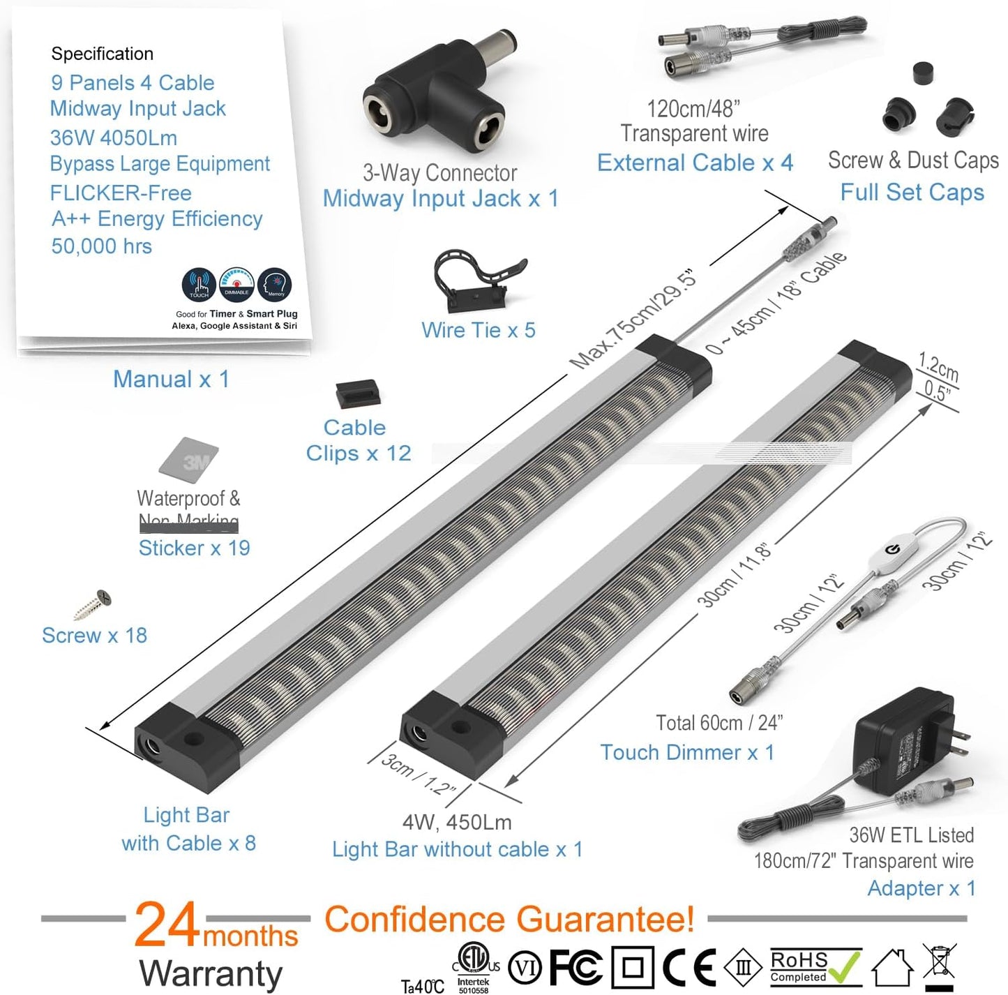 EBD LED Light Bar Built-in Adjustable Cable 12 Pcs Corner Input Under-Counter Light fixtures Work Bench linkable Touch Lights 3000K 5400 Lm Super Bright for Pantry Garage Shelves Closet Shelf